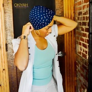 OKIYAH®️ TURBAN | BLUE POLKA DOT HAIR WRAP CAP